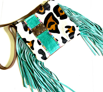 Medium Crossbody Xl leopard Leopard HOH in turquoise and serape rhinestone hardware - Patches Of Upcycling