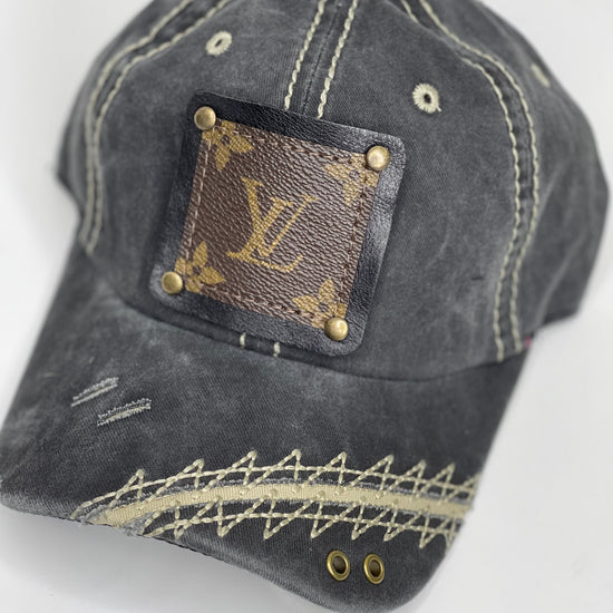 W9 - Faded black Baseball with a Off white Zig Zag Stitching black/ Antique - Patches Of Upcycling