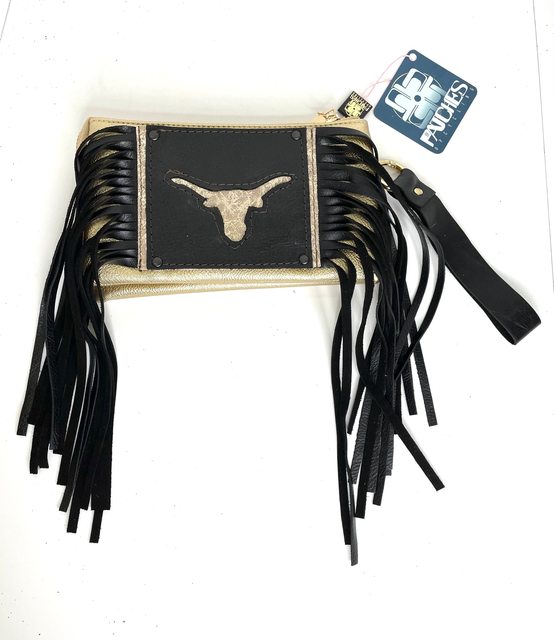 Jill Crossbody and Wristlet wallet in gold with longhorn shape - Patches Of Upcycling