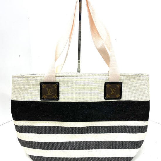 Beach tote in cream with black stripes (with light pink handles) - Patches Of Upcycling