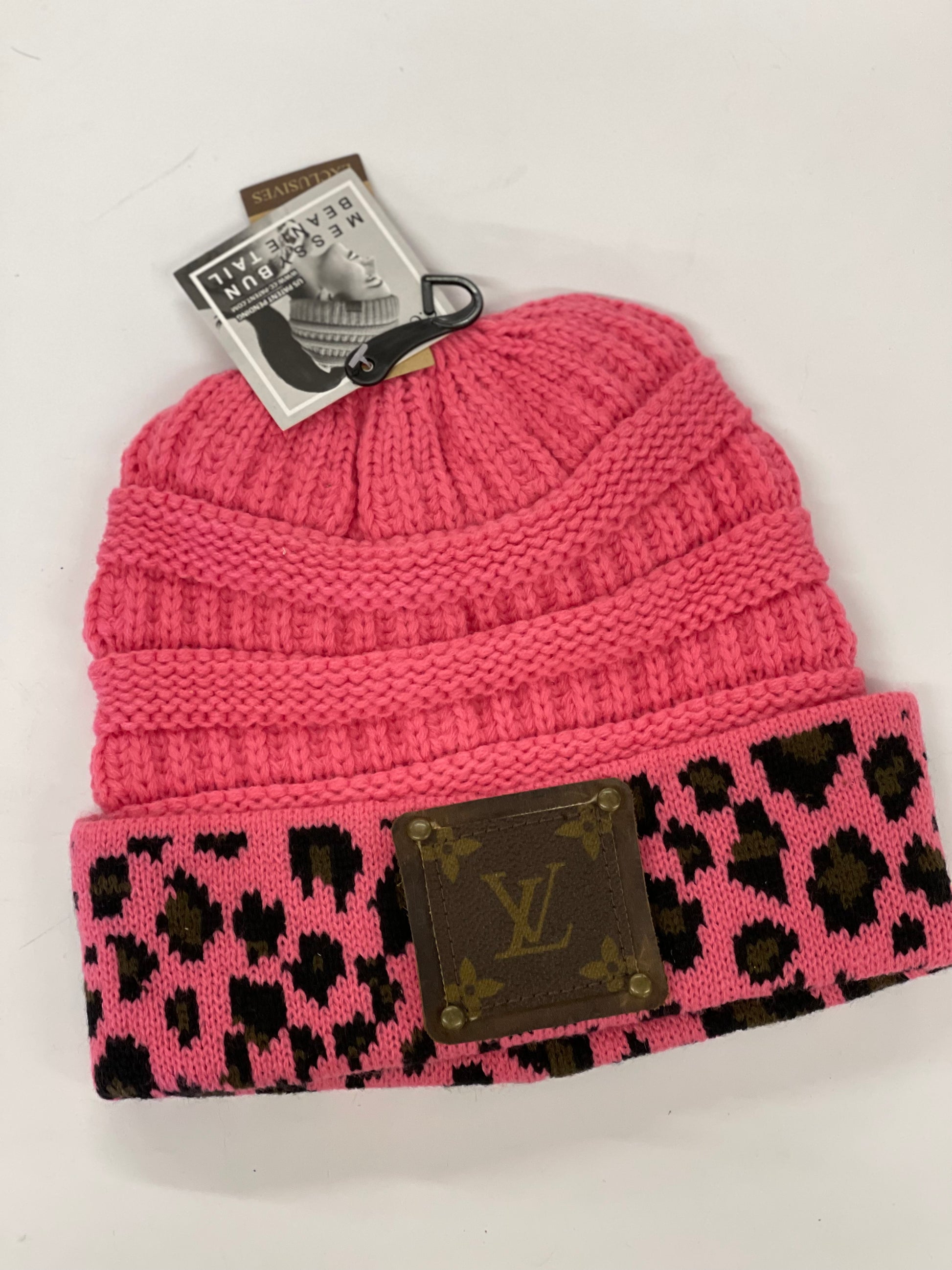 Pink Leopard Beanie (top pony tail hole) with brown patch antique hardware - Patches Of Upcycling