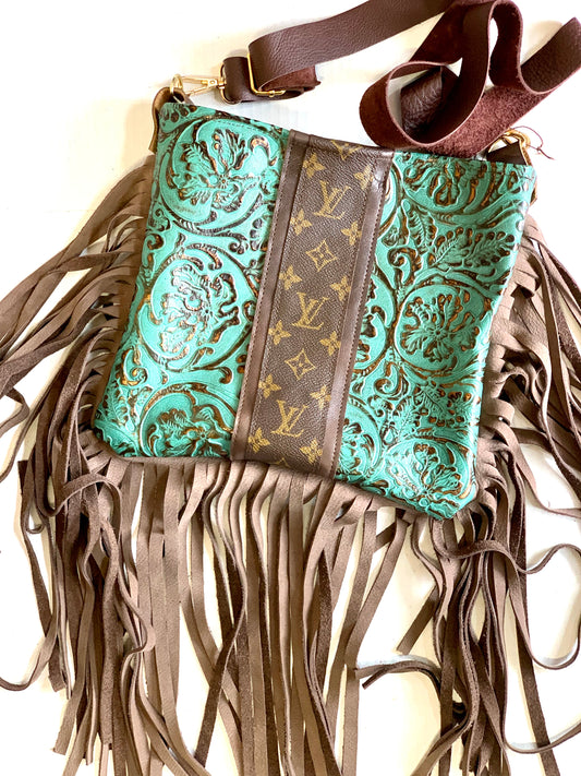 Medium Crossbody - Embossed Turquoise Shimmer, Shimmer Brown Strip - Patches Of Upcycling