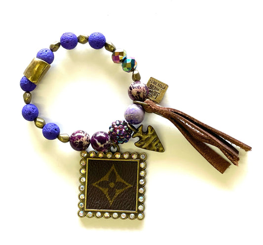 Stone- Purple hand beaded bracelet with square pendant - Patches Of Upcycling