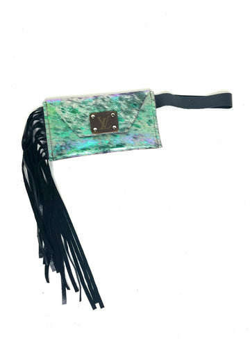 Petite Snap Wristlet with fringe in iridescent acid wash - Patches Of Upcycling