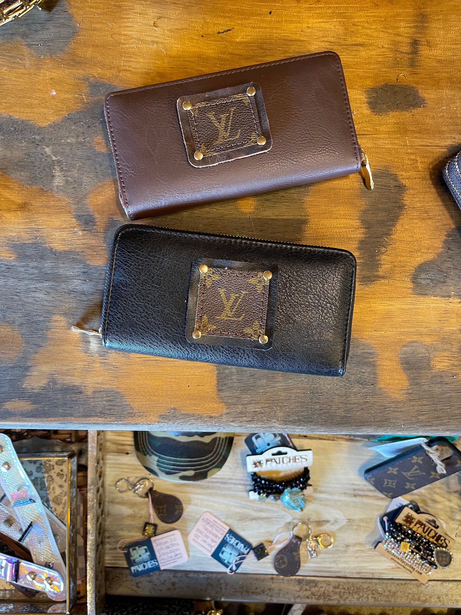 Single Wallet in Brown (brown patch, gold hardware) - Patches Of Upcycling