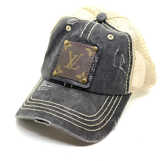 PP6 - Faded Distressed Black Crisscross Pony Hat with Cream Back Black/Antique - Patches Of Upcycling