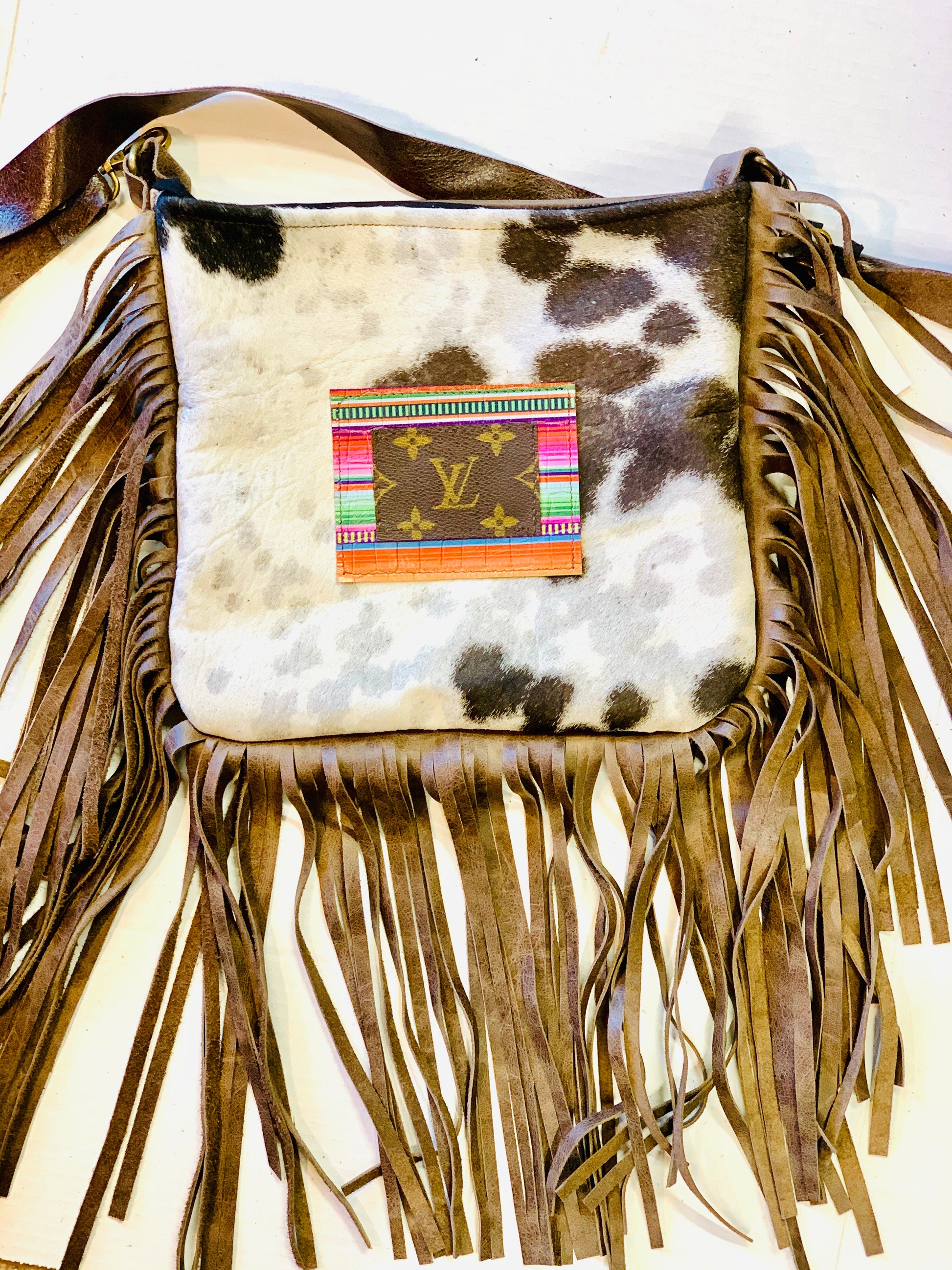 Medium Crossbody Short Haired Kelsey, Tricolor HOH Strip of Serape - Patches Of Upcycling