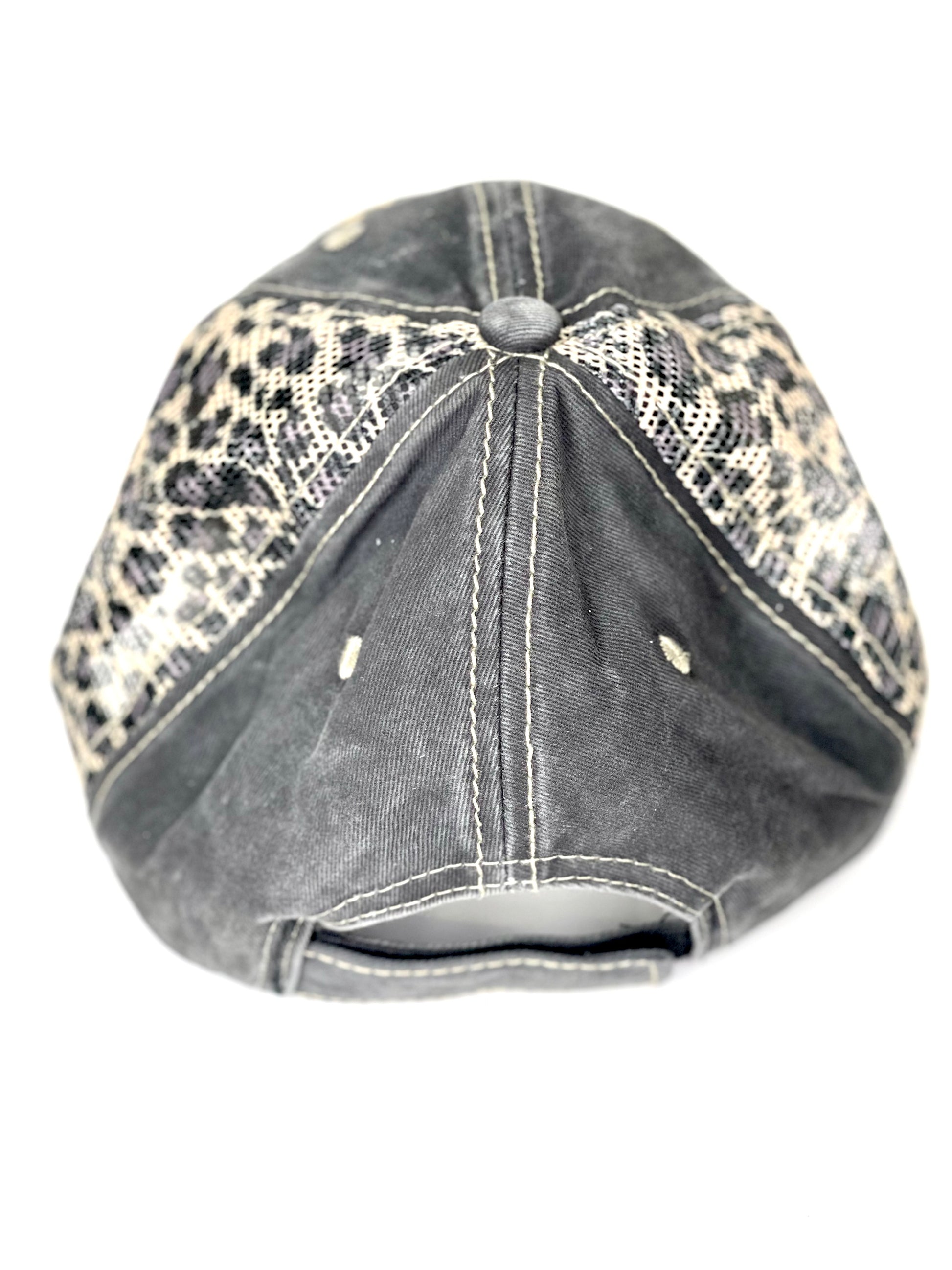 O2 - Faded Black hat with Twinkie leopard mesh backing Black/Black - Patches Of Upcycling