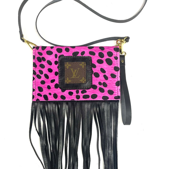 Small Crossbody in hot pink pony/Dalmatian and black patch - Patches Of Upcycling
