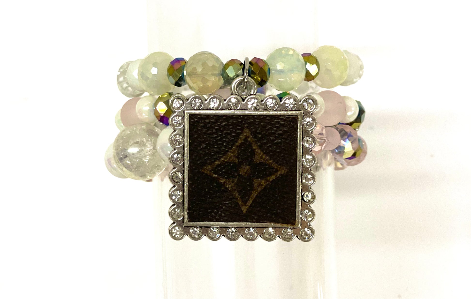 Hand beaded bracelet set iridescent, pink, clear with square silver pendant - Patches Of Upcycling