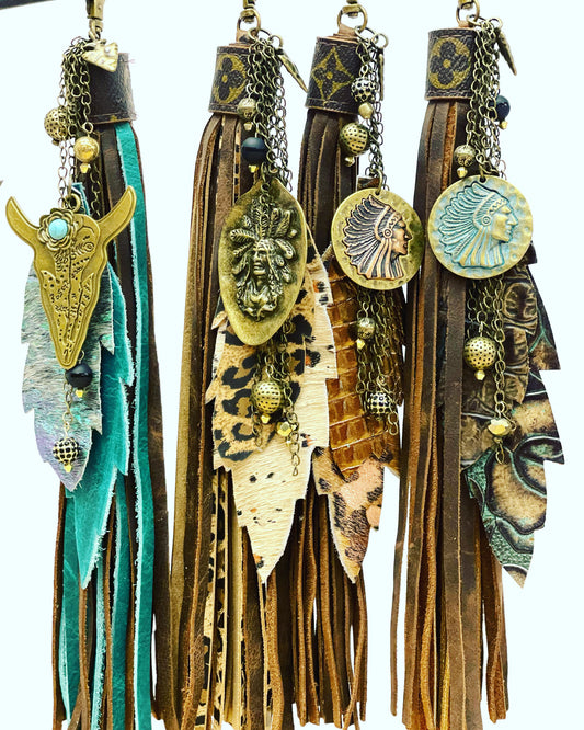 Long purse tassel -brown and turquoise embossed feathers, tarnished Indian Chief round pendant - Patches Of Upcycling