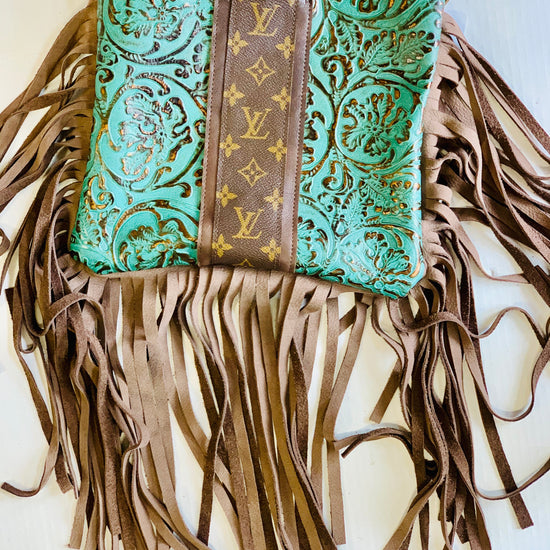 Medium Crossbody - Embossed Turquoise Shimmer, Shimmer Brown Strip - Patches Of Upcycling