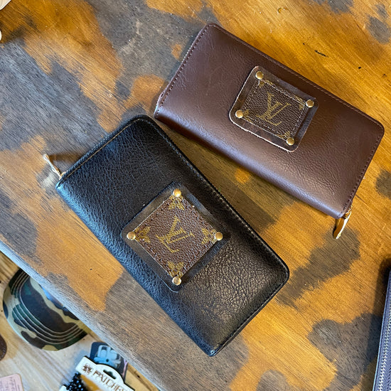 Single Wallet in Brown (brown patch, gold hardware) - Patches Of Upcycling