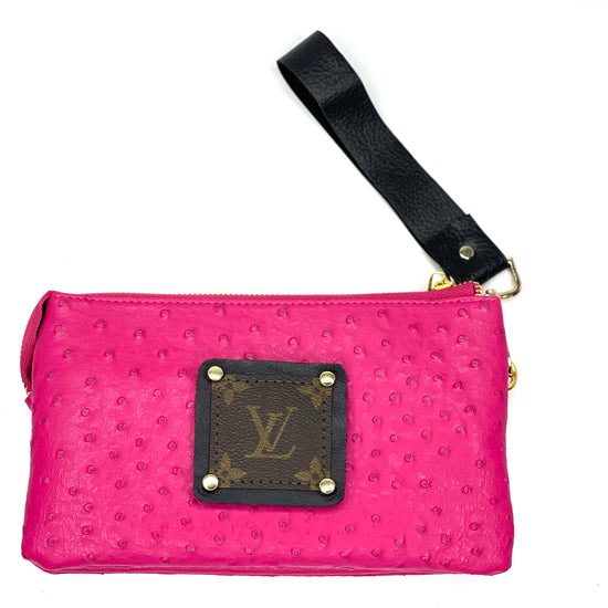 Jill in pink ostrich (black patch) with leather strap - Patches Of Upcycling