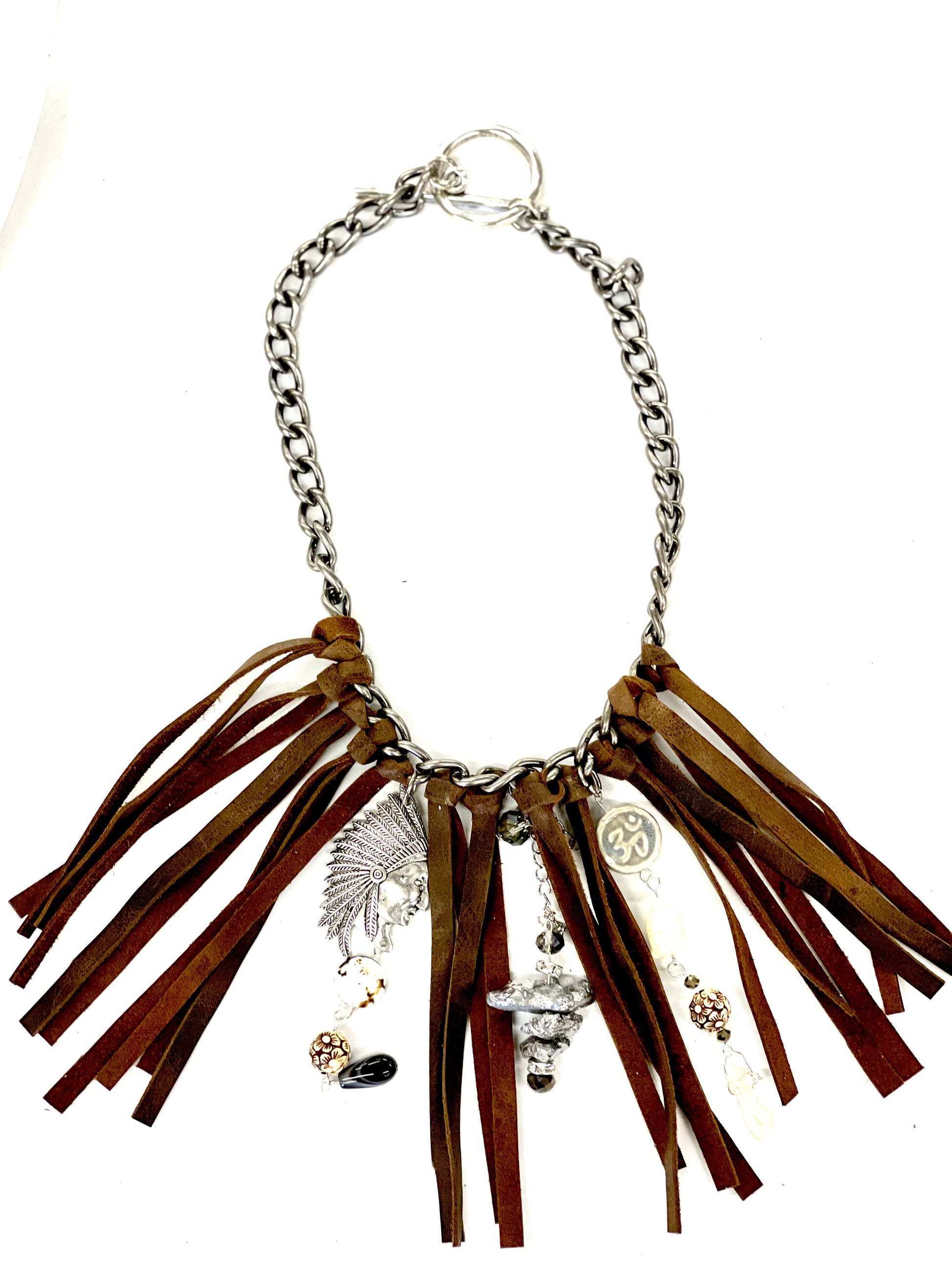 Limited Edition Upcycled chain and Leather fringe chunky necklace with Indian and other statement pieces - Patches Of Upcycling
