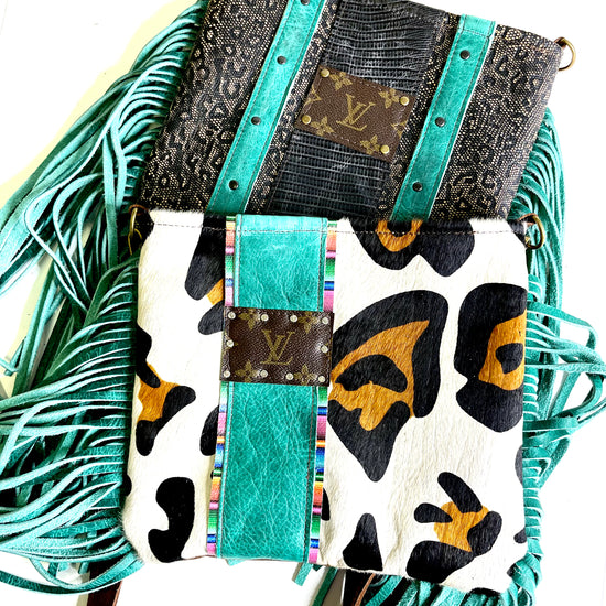 Medium Crossbody textured leopard with turquoise fringe and black and antique hardware - Patches Of Upcycling