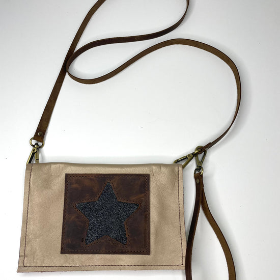 Small Crossbody smooth taupe with brown patch and black star - Patches Of Upcycling