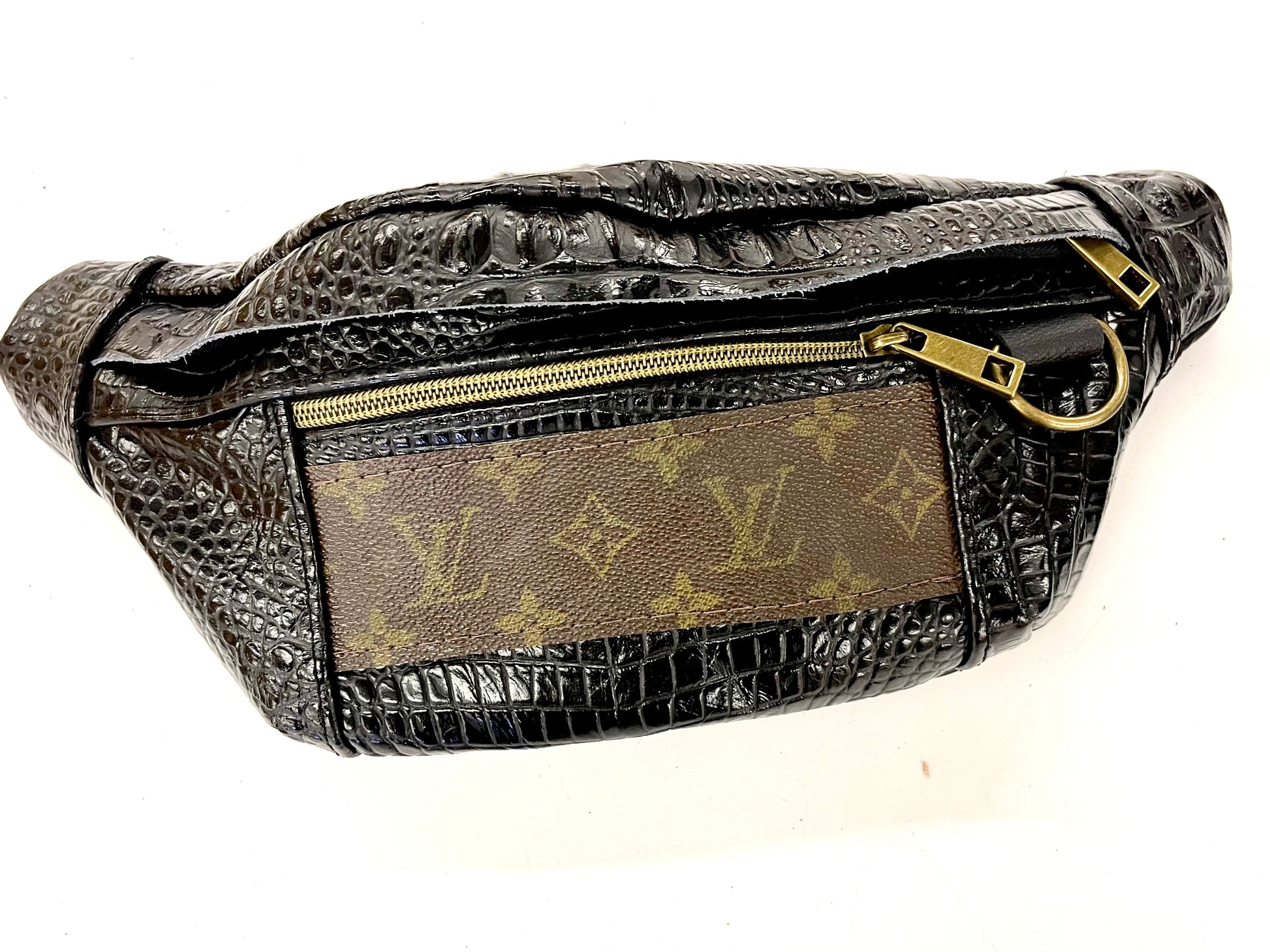 Bum Bag Strip or PATCH LV Embossed Leather Colors - Patches Of Upcycling Embossed Black Croc / Strip of Lv (2 Lv) Patches Of Upcycling