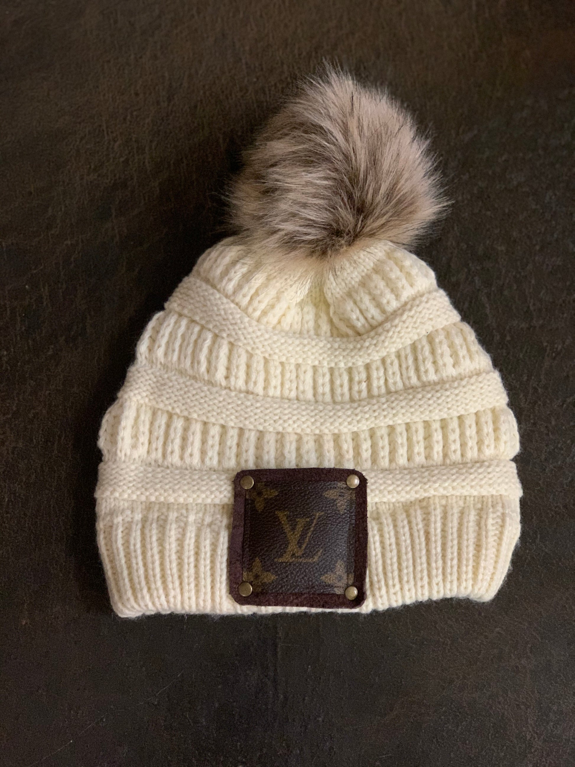Beanie with LV patch and antique hardware - Patches Of Upcycling Camel Hats Patches Of Upcycling