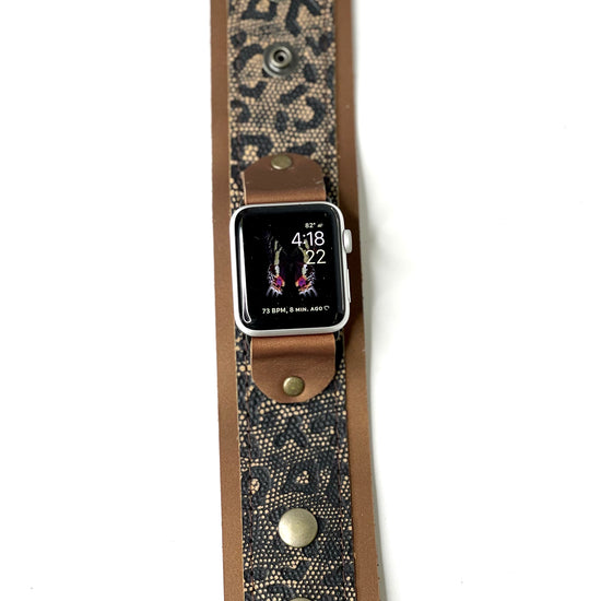 iwatch band with snaps brown leather with snakeskin accents (small) - Patches Of Upcycling