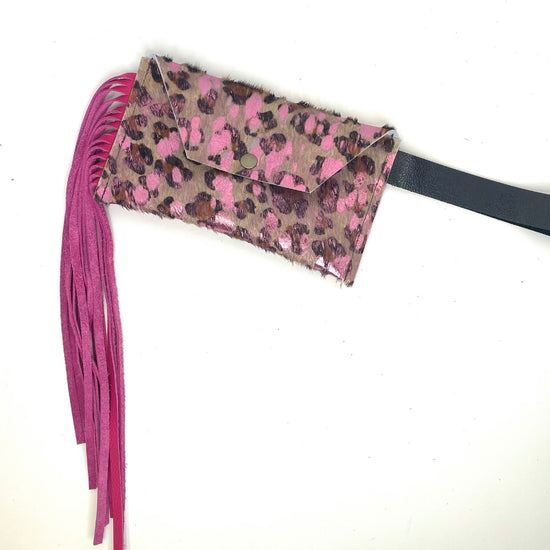 Petite Snap Wristlet with fringe in leopard & pink acid wash ( no patch) - Patches Of Upcycling