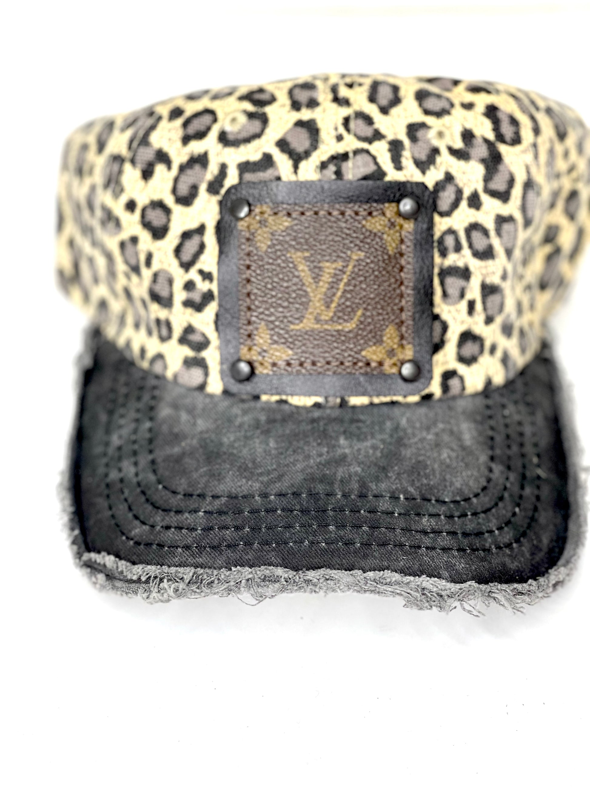 P4 - Cream Leopard hat with Distressed Black bill Black/Black - Patches Of Upcycling