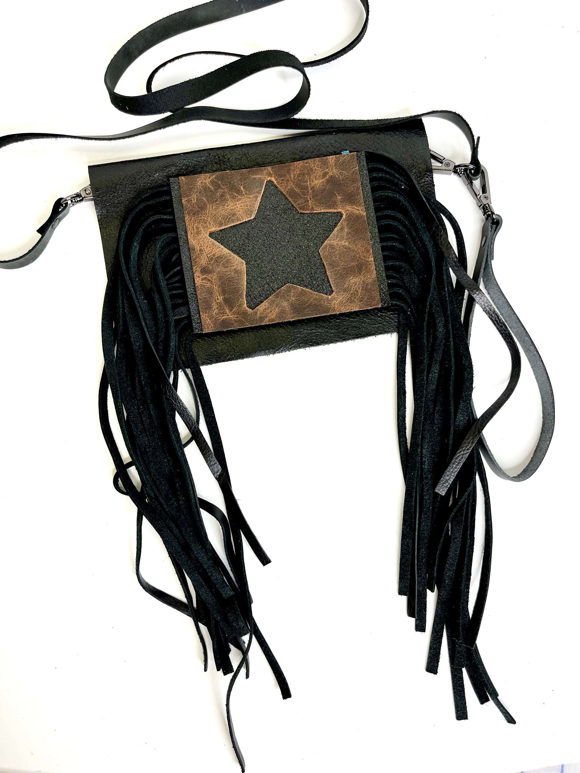 Small Crossbody Star- multiple hide options - Patches Of Upcycling Yes Fringe / Black Shine Handbags A Patch of Upcycling