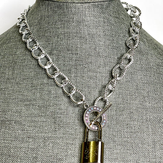 Silver textured Lock & Chain necklace in silver toggle AB Rhinestone - Patches Of Upcycling
