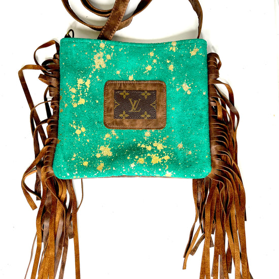 Medium Crossbody - Turquoise Green in Acid Gold - Brown with Patch - Patches Of Upcycling