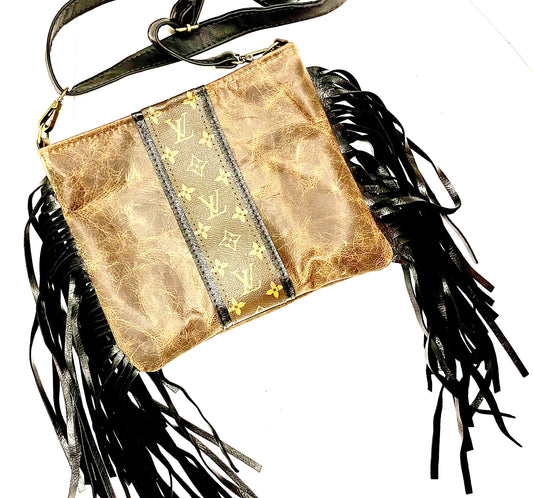 Medium Crossbody - Brown with Black Strip - Patches Of Upcycling Yes fringe- 2 sides Handbags Patches Of Upcycling