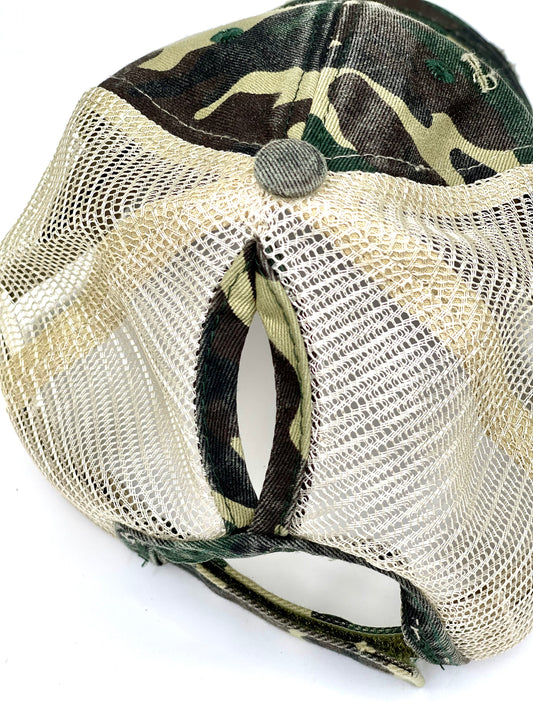 AA1 - Slight Distressed Camouflage Pony Trucker Hat Cream Mesh Back Black/Antique - Patches Of Upcycling