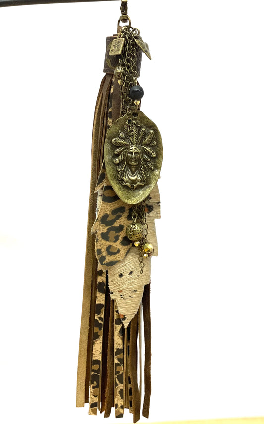 Long purse tassel -leopard and speckled feathers, antique Indian Chief spoon - Patches Of Upcycling