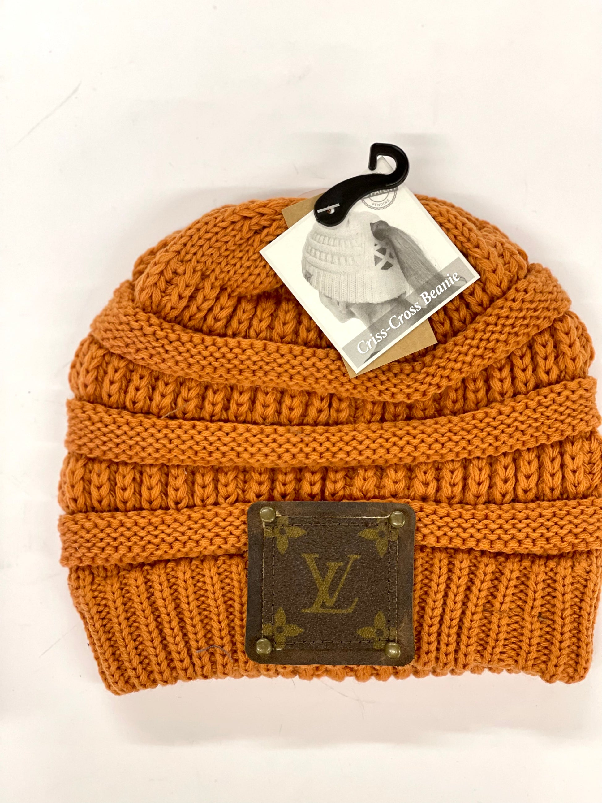 Burnt Orange Beanie (x-cross pony back) with brown patch antique hardware - Patches Of Upcycling