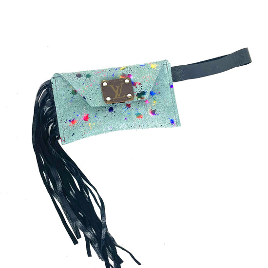 Petite Snap Wristlet with fringe in light blue & rainbow acid wash - Patches Of Upcycling