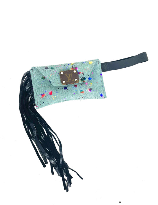 Petite Snap Wristlet with fringe in light blue & rainbow acid wash - Patches Of Upcycling