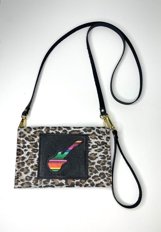 Small Crossbody leopard with black patch and serape guitar - Patches Of Upcycling