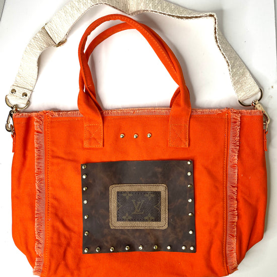 Frayed Edge Tote/Crossbody in orange zipper closure - Patches Of Upcycling