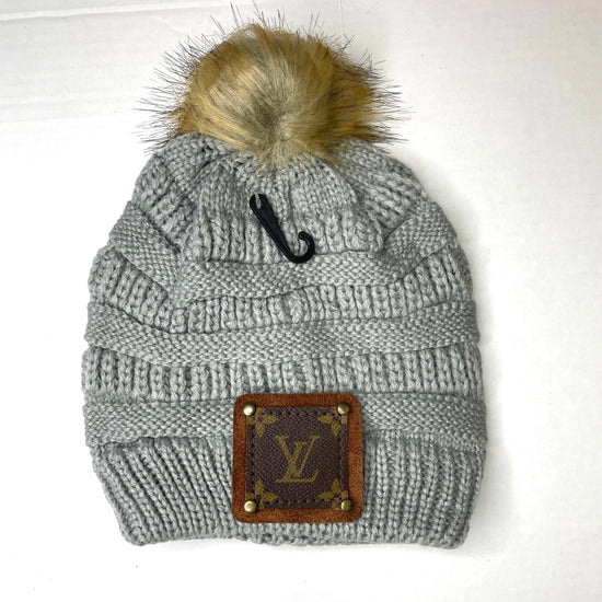 Beanie with LV patch and antique hardware - Patches Of Upcycling Grey Hats Patches Of Upcycling