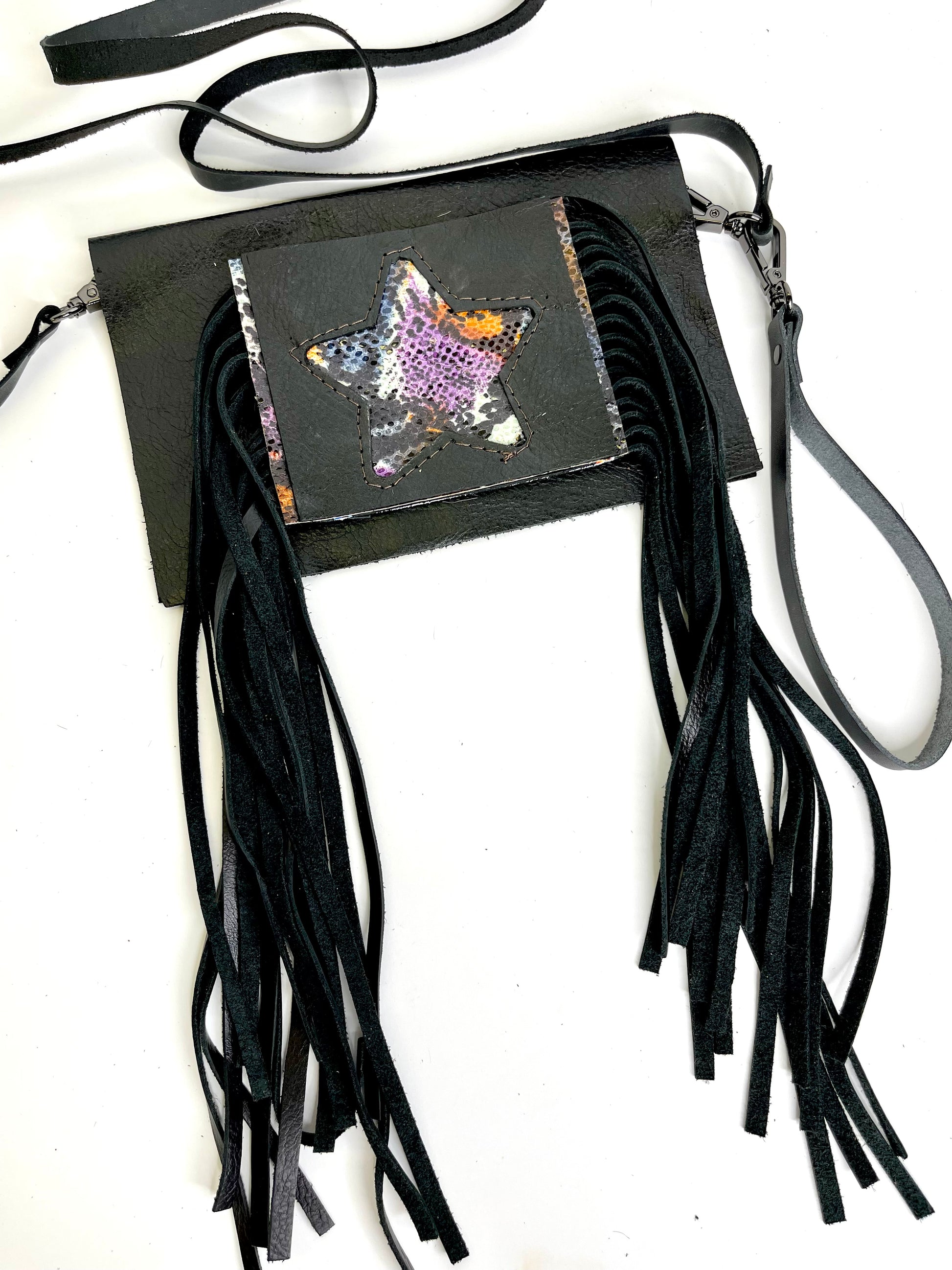 Small Crossbody Star- multiple hide options - Patches Of Upcycling Yes Fringe / Snake in Purple, Blue and Orange Handbags A Patch of Upcycling