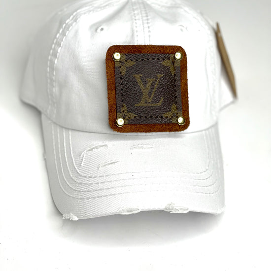 GG5a - White Distressed Dad Hat no pony Brown/Gold - Patches Of Upcycling