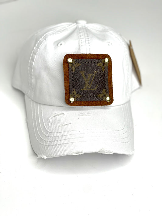 GG5a - White Distressed Dad Hat no pony Brown/Gold - Patches Of Upcycling