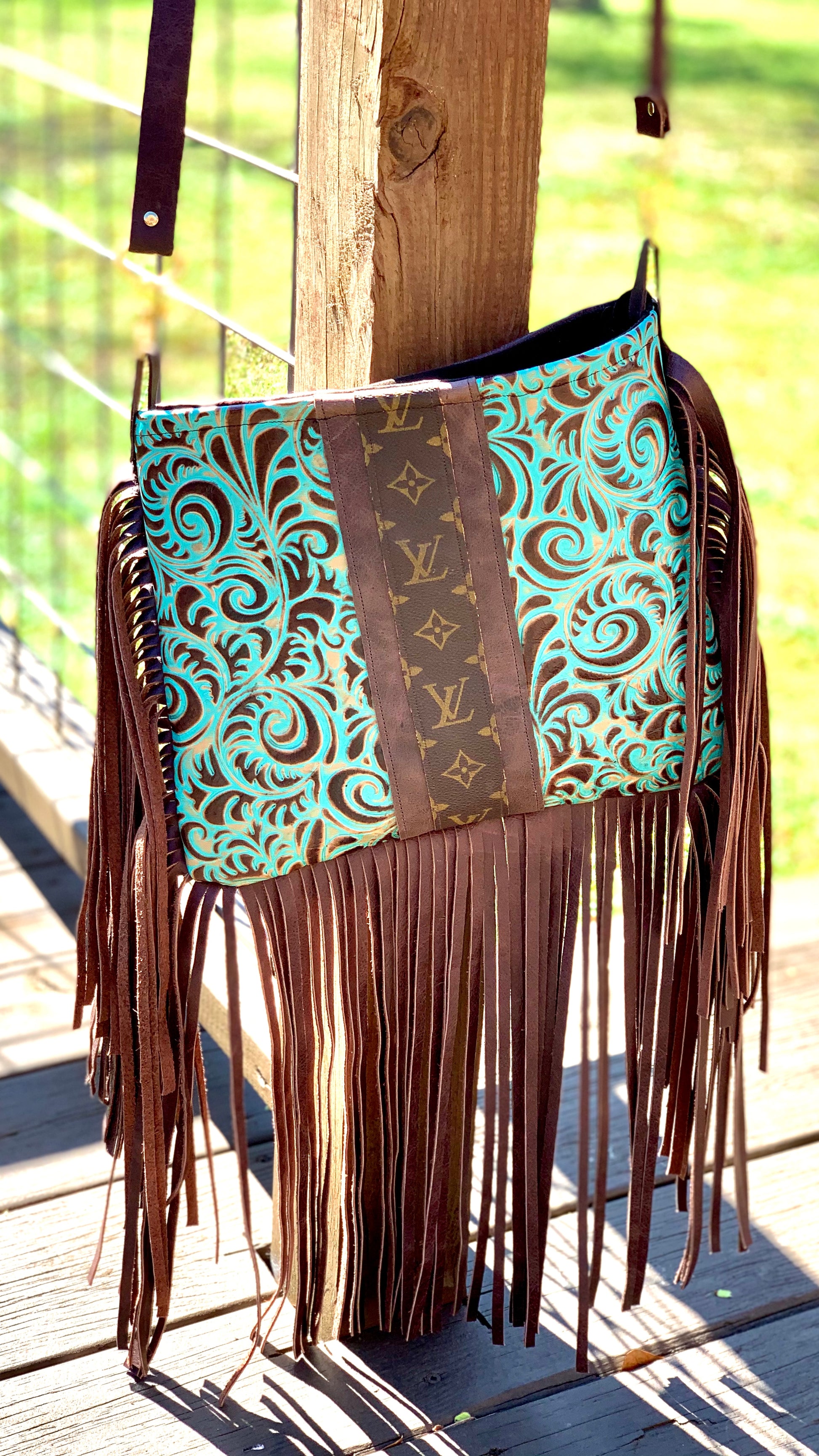 Medium Crossbody - Embossed Ariel Swirl, Brown Strip - Patches Of Upcycling