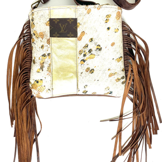 Medium Crossbody with gold snake peek-a-boo and smooth gold strip - Patches Of Upcycling