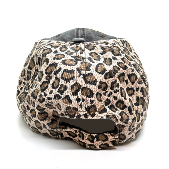 Q3 - Faded Black hat with Reese leopard backing Brown/Antique - Patches Of Upcycling