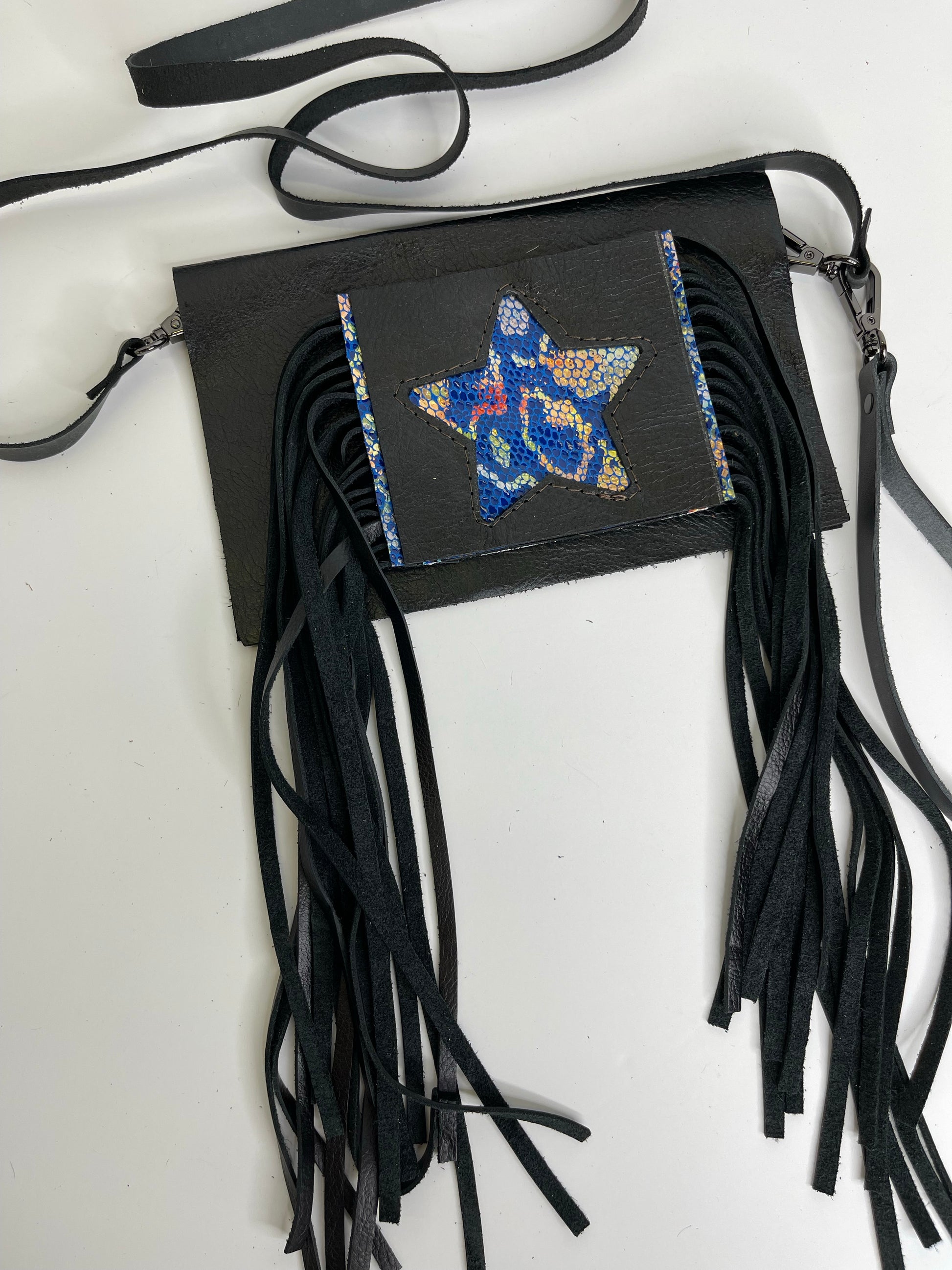 Small Crossbody Star- multiple hide options - Patches Of Upcycling Yes Fringe / Snake Blue Handbags A Patch of Upcycling