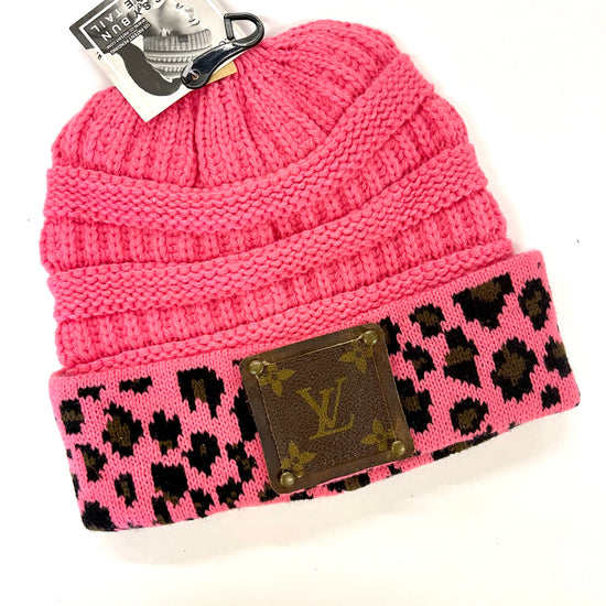 Pink Leopard Beanie (top pony tail hole) with brown patch antique hardware - Patches Of Upcycling