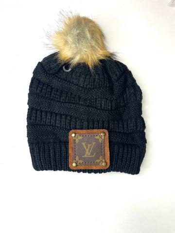 Black Beanie with LV patch and antique hardware in black - Patches Of Upcycling