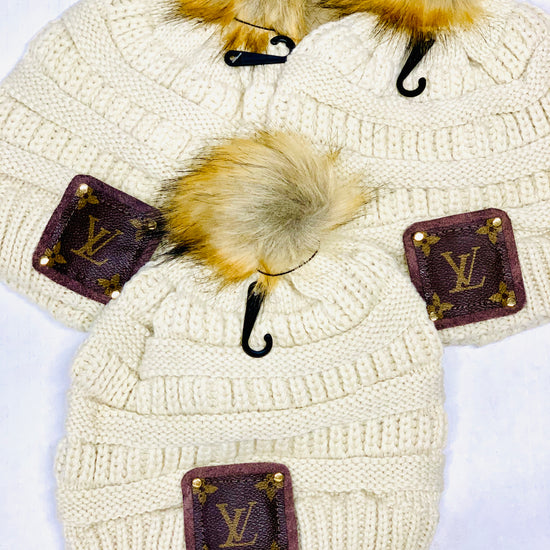 Beanie with LV patch and antique hardware - Patches Of Upcycling Cream Hats Patches Of Upcycling