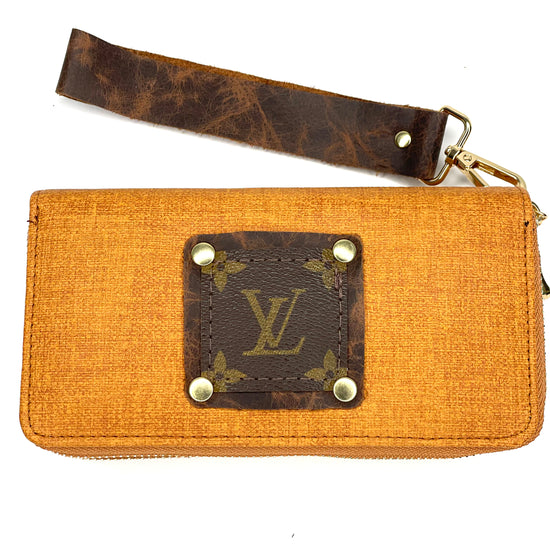 Double Wristlet Wallet Light orange/tan cork (brown patch, gold hardware) - Patches Of Upcycling