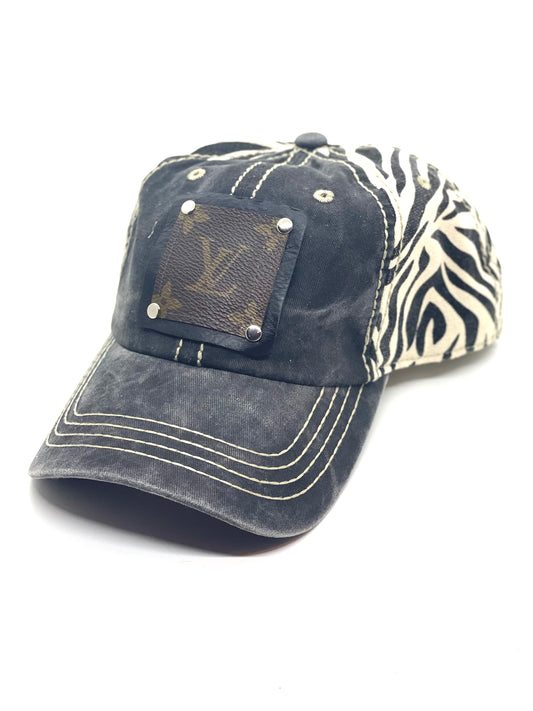 S4 - Faded Black hat with Brown and Cream Zebra backing Black/Black - Patches Of Upcycling
